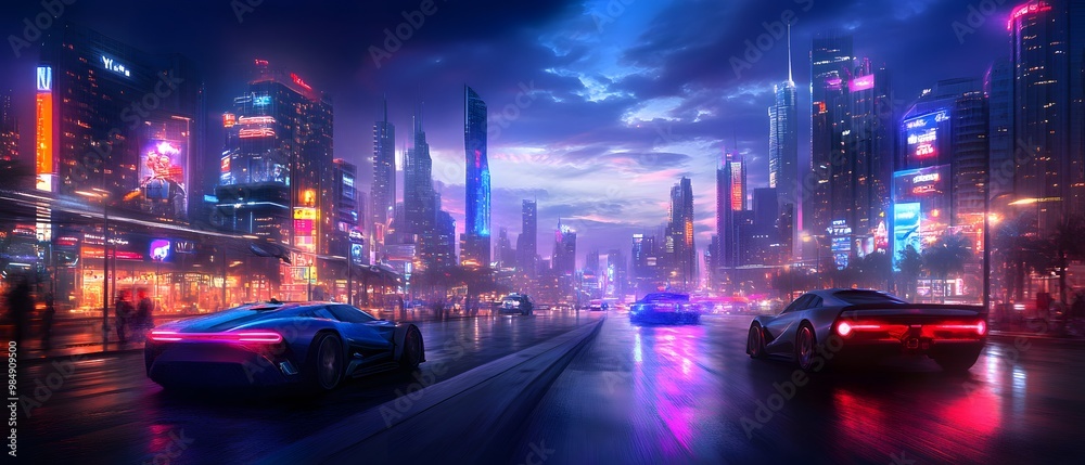 Vibrant neon cityscape with futuristic cars racing under a colorful sky, showcasing a lively urban atmosphere at night. Vibrant neon cityscape with futuristic cars racing under a colorful sky, showcasing a lively urban atmosphere at night.