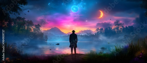 A serene landscape with a figure standing by the water, illuminated by a vibrant sky and celestial bodies. A moment of reflection.