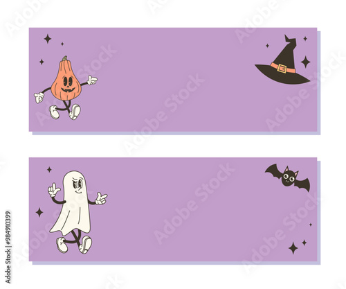 Set of horizontal Halloween backgrounds with copy space for text. Vector illustration with retro characters