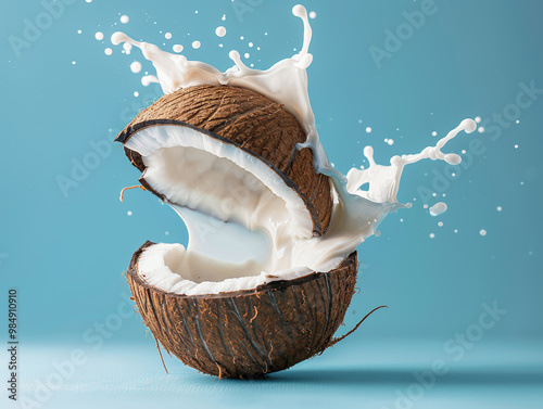 Coconut Shells Splashing Coconut Milk on Blue Background 