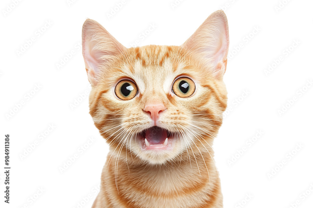 orange cat looking at the camera with big eyes and an open mouth Stock ...