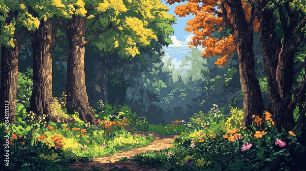 A Sunlit Path Through a Lush Forest With Colorful Flowers