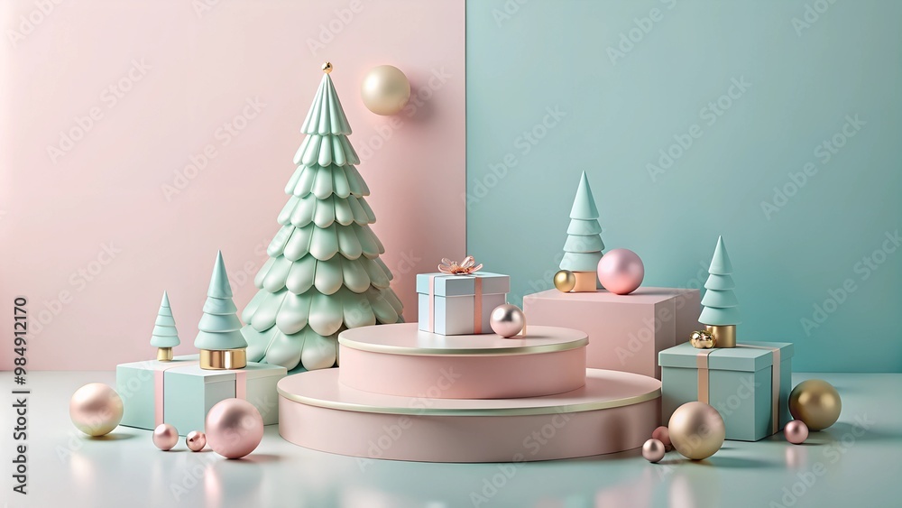 A pastel-colored 3D Christmas scene featuring a minimalistic podium, gift boxes, and stylized Christmas trees. Perfect for modern holiday displays, product promotion, or festive design. A pastel-colored 3D Christmas scene featuring a minimalistic podium, gift boxes, and stylized Christmas trees. Perfect for modern holiday displays, product promotion, or festive design.