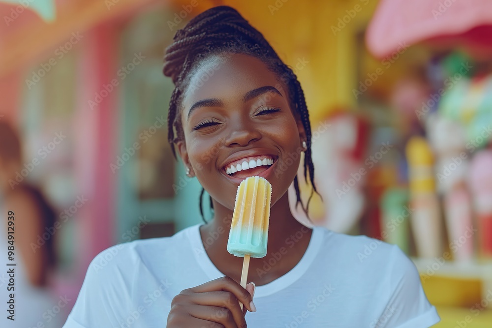 Portrait of beautiful african woman eating delicious ice cream Portrait of beautiful african woman eating delicious ice cream