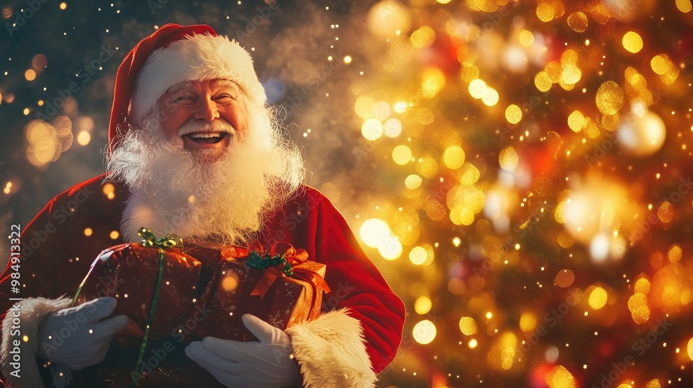 Santa Claus laughing as he carries a sack of gifts, standing beside a glowing Christmas tree with colorful lights. Santa Claus laughing as he carries a sack of gifts, standing beside a glowing Christmas tree with colorful lights.