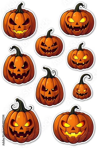 A sticker collection of jack-o'-lanterns with various expressive faces, showcasing a variety of spooky and mischievous designs. These pumpkins are brightly illustrated, perfect for Halloween.