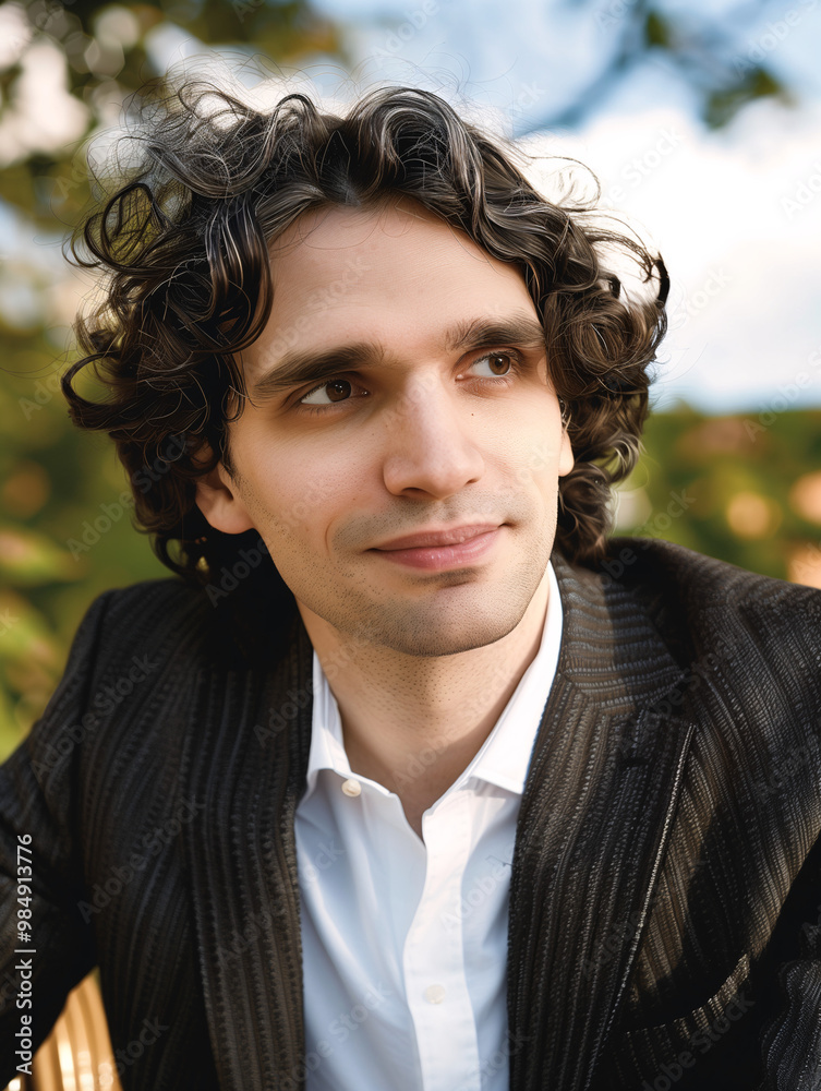 Smiling young man with curly hair in formal suit outdoors Smiling young man with curly hair in formal suit outdoors