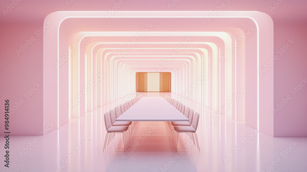 long futuristic conference room with a long table and a lot of pink chairs long futuristic conference room with a long table and a lot of pink chairs