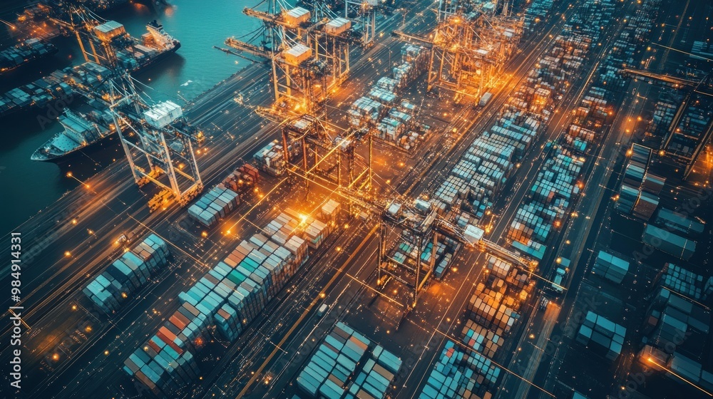 Aerial View of a Busy Container Port at Night Aerial View of a Busy Container Port at Night
