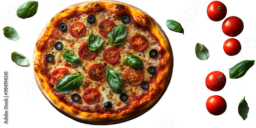 A freshly baked pizza topped with basil leaves, tomatoes, and olives, isolated on a white background with scattered tomatoes. Without backdrop