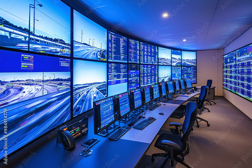 a smart highway control center, multiple screens monitoring traffic a smart highway control center, multiple screens monitoring traffic