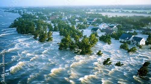 Aerial view of a hurricane making landfall, with powerful waves crashing into a coastline and winds tearing through trees