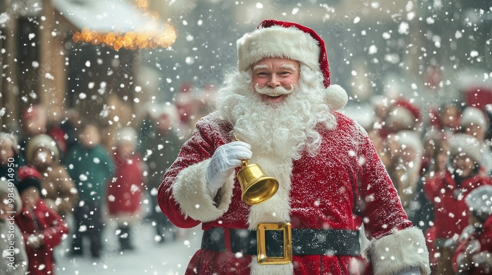 Santa Claus ringing a golden bell while standing in a snow-covered town square, surrounded by excited children. Santa Claus ringing a golden bell while standing in a snow-covered town square, surrounded by excited children.
