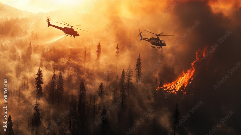 Helicopters dropping water over a wildfire as smoke billows into the air, with charred trees below Helicopters dropping water over a wildfire as smoke billows into the air, with charred trees below