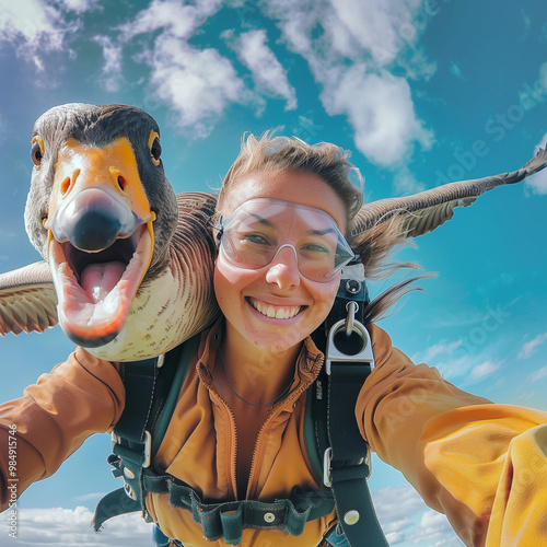 Skydiver girl selfie with goose while flying in the sky. Happy woman doing adrenaline sport activity. Created with Generative AI.