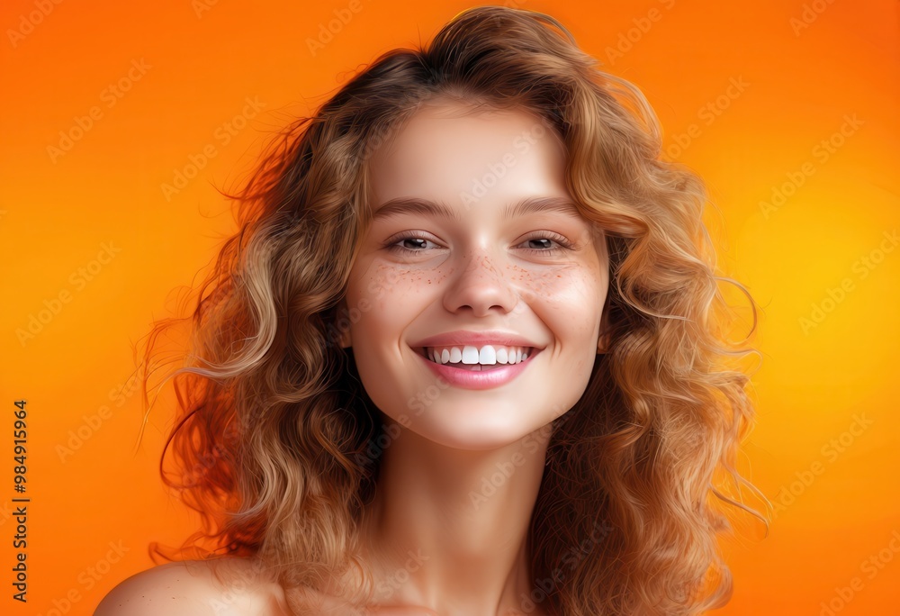 A smiling woman with curly hair against a vibrant orange background, exuding warmth and positivity. A smiling woman with curly hair against a vibrant orange background, exuding warmth and positivity.