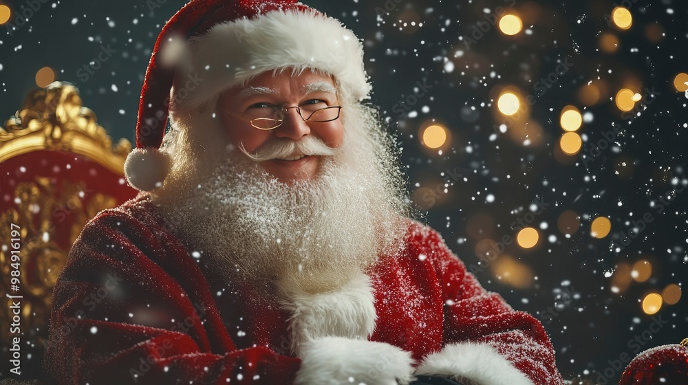 Santa Claus standing beside his sleigh, with snow falling softly and Christmas lights twinkling behind him. Santa Claus standing beside his sleigh, with snow falling softly and Christmas lights twinkling behind him.
