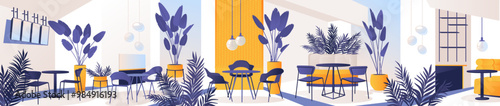 Interior scene of shopping center with food court area. Modern center has fashionable trendy furniture, comfortable and cozy space with tables and chairs. Vector flat illustration long banner