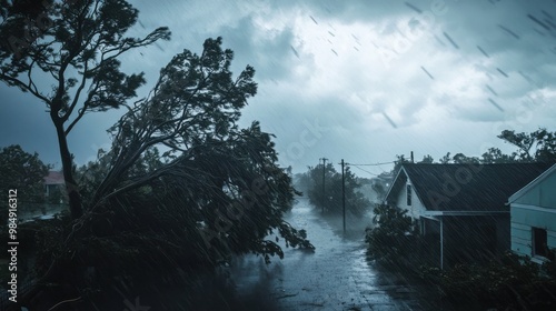 Tropical storm winds bending trees and tearing roofs off houses as rain pours down in a small town