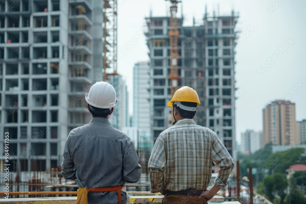 Two men in construction gear are standing in a construction site, generative ai image Two men in construction gear are standing in a construction site, generative ai image