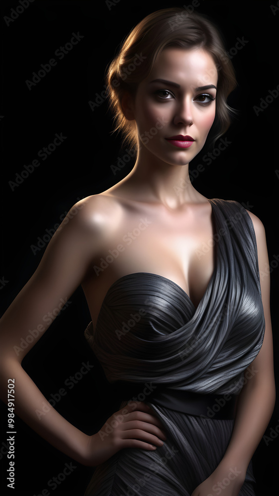 Timeless Couture: A Woman Adorned in a Dress with Cascading Fabrics and Stunningly Detailed Textures Timeless Couture: A Woman Adorned in a Dress with Cascading Fabrics and Stunningly Detailed Textures