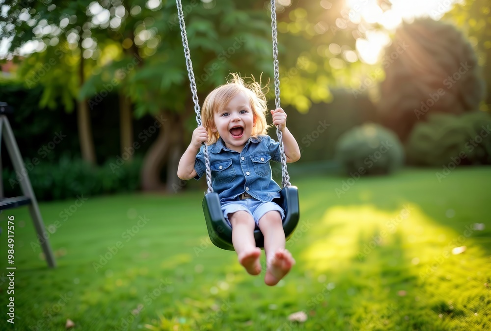 Joyful Swing. A young child enjoys a swing in a sunlit garden.