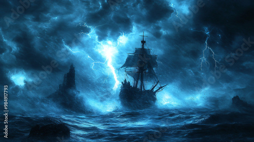 A ghostly captain steering a phantom ship through a stormy, lightning-lit sea at night.