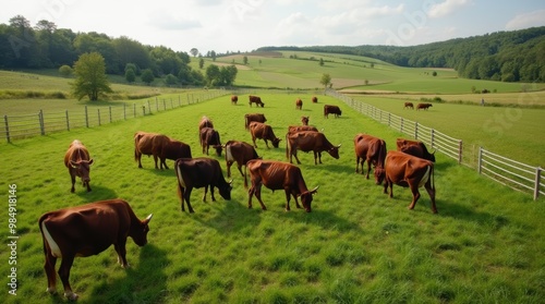 Cattle grazing in lush pastures through rotational grazing on a regenerative agriculture farm
