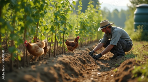 Farmer practicing agroforestry by planting young trees among rows in regenerative agriculture with chickens nearby photo