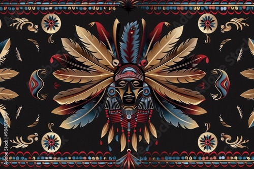 seamless vector ornament on black background  native american style