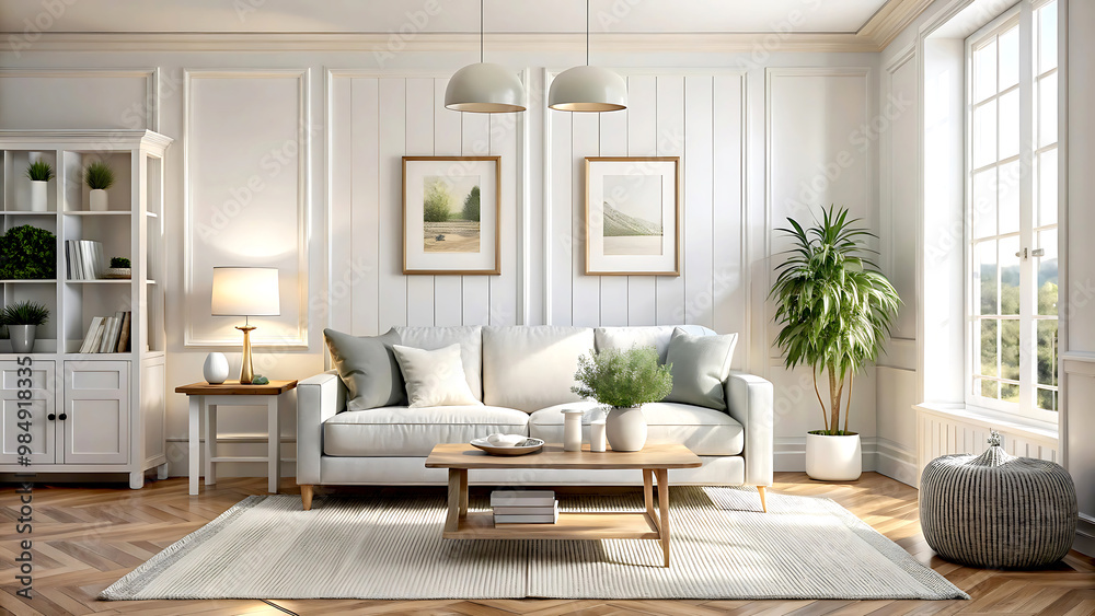 Hampton style living room interior with frame mockup, 3d render, white Mock up frame Hampton style living room interior with frame mockup, 3d render, white Mock up frame