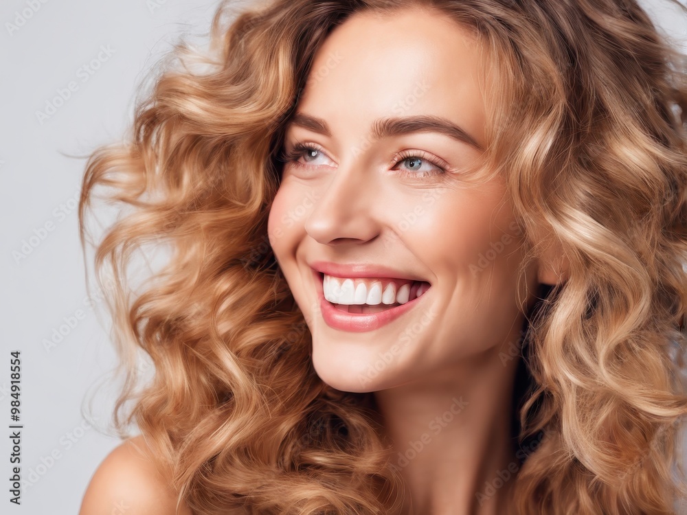A smiling woman with curly hair, showcasing joy and confidence in a portrait. A smiling woman with curly hair, showcasing joy and confidence in a portrait.