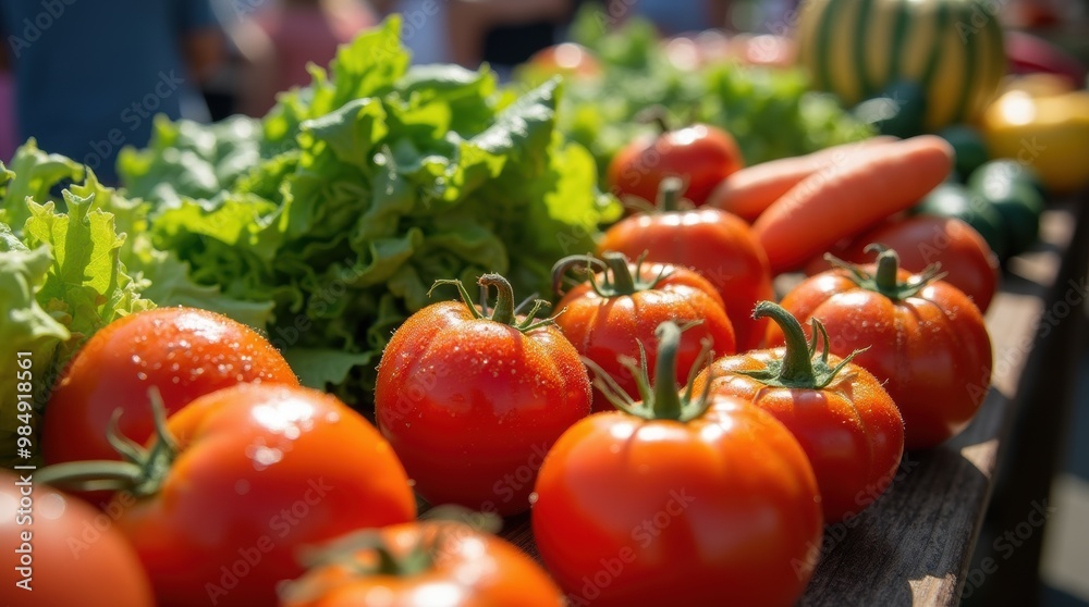 Colorful closeup of fresh vegetables at a small-town farmers market in summer sunshine Colorful closeup of fresh vegetables at a small-town farmers market in summer sunshine