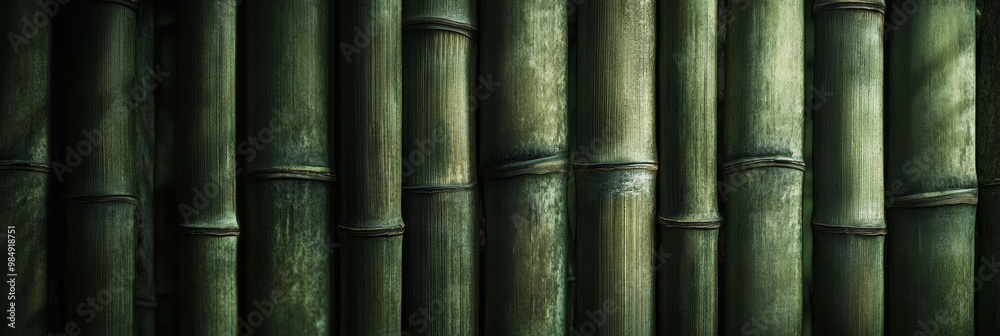 Vertical bamboo stalks form a natural barrier, showcasing their vibrant green hues and unique textures under daylight Vertical bamboo stalks form a natural barrier, showcasing their vibrant green hues and unique textures under daylight
