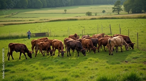 A herd of cattle grazing in a lush green field on a regenerative agriculture farm practicing rotational grazing techniques photo