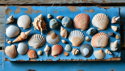 Artistic display of sea rocks and shells on a rustic blue wooden plank photo