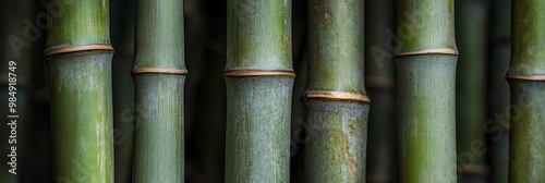 Tall bamboo stalks rise closely together, creating a tranquil yet vibrant atmosphere under the bright midday light photo