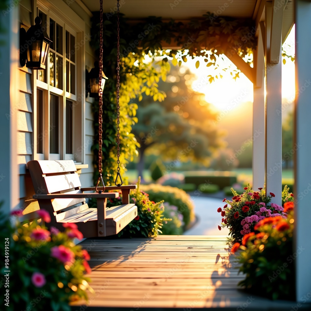 Peaceful Porch. A wooden porch with a swing, surrounded by flowers and overlooking a beautiful sunset.