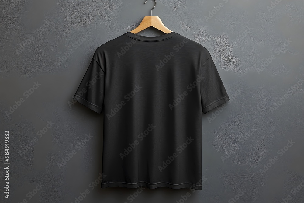Blank black t shirt hanging on wooden hanger against gray background Blank black t shirt hanging on wooden hanger against gray background