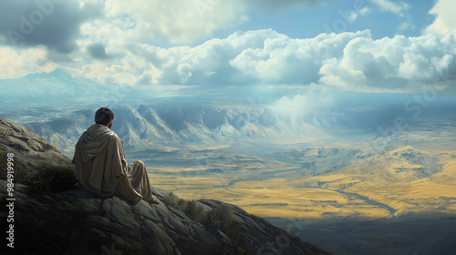 Joshua sits at the edge of the mountain, observing the plains leading to the Promised Land, as depicted in a biblical event.
