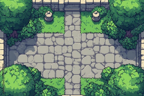 Top down pixel art courtyard with cobblestone path and green bushes