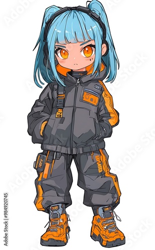 Cute Anime Girl with Blue Hair and Orange Clothing Illustration