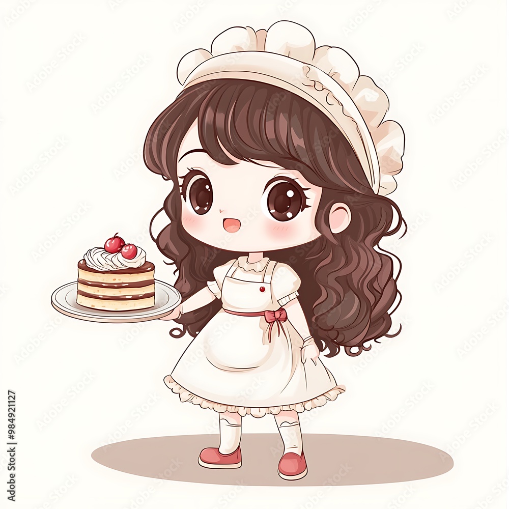 Cute cartoon girl chef holding cake. bakery illustration, baking dessert. Cute cartoon girl chef holding cake. bakery illustration, baking dessert.