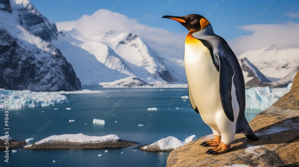 Fototapeta premium King Penguin on a Snowy Mountain Landscape