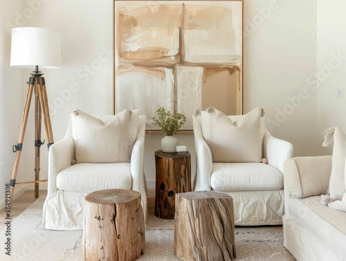 A bright, minimalist living room with neutral tones, featuring two linen-covered armchairs, rustic tree stump coffee tables, a large abstract painting, a tripod floor lamp, and natural wood accents, s