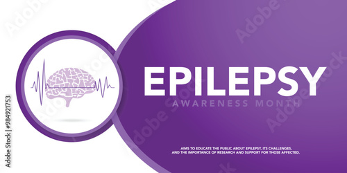 National epilepsy awareness month campaign observed in November banner. Features violet ribbon and brain illustration on plain background.
