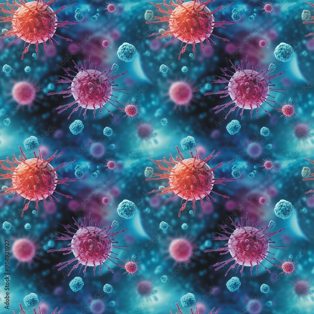 Virus close-up view of corona virus molecule seamless pattern. Health care concept. Coronavirus Covid-19. Precautionary measures. Virus macro photography digital illustration. AI artwork.