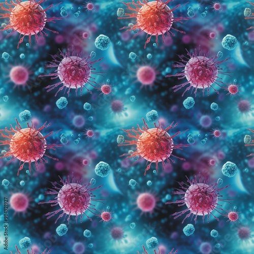 Virus close-up view of corona virus molecule seamless pattern. Health care concept. Coronavirus Covid-19. Precautionary measures. Virus macro photography digital illustration. AI artwork.