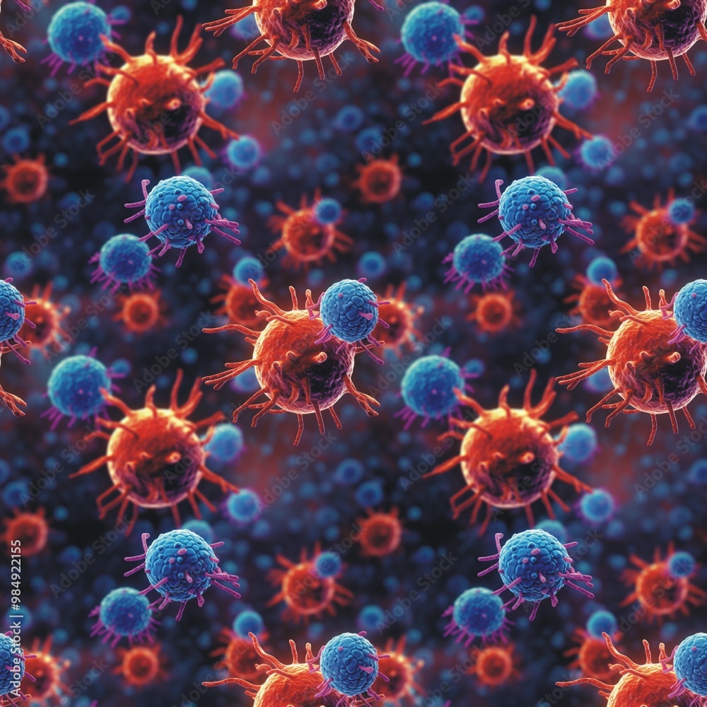 Virus close-up view of corona virus molecule seamless pattern. Health care concept. Coronavirus Covid-19. Precautionary measures. Virus macro photography digital illustration. AI artwork.