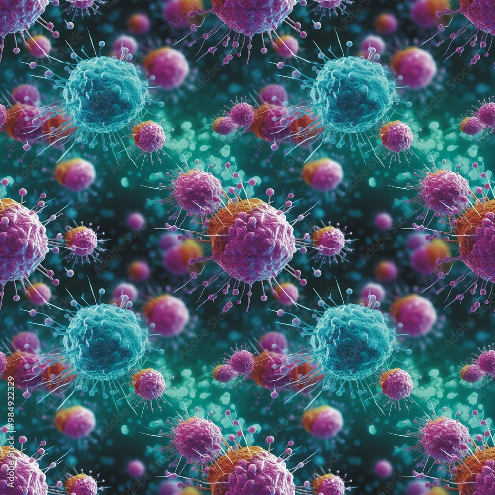 Virus close-up view of corona virus molecule seamless pattern. Health care concept. Coronavirus Covid-19. Precautionary measures. Virus macro photography digital illustration. AI artwork. Virus close-up view of corona virus molecule seamless pattern. Health care concept. Coronavirus Covid-19. Precautionary measures. Virus macro photography digital illustration. AI artwork.
